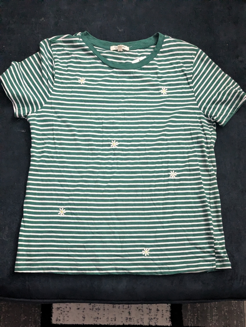 Heart & Hips Green & White Stripped Top w/ Embroidered Daisies